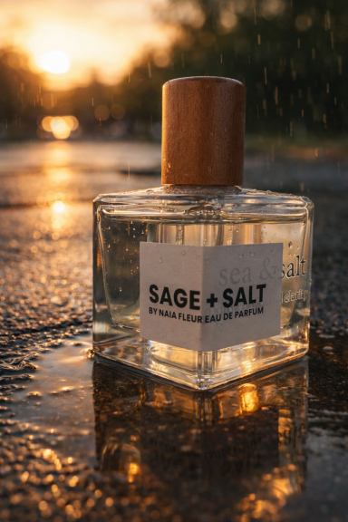 SAGE AND SALT Sage + Salt Eau de Parfum by Naia FLEUR on wooden surface with candlelight.
